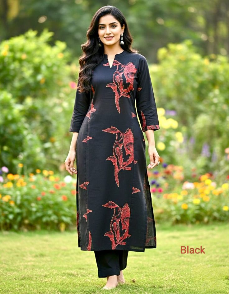 "Stylish black printed kurta with matching pants featuring elegant floral patterns, showcased in a trendy women casual fashion collection."