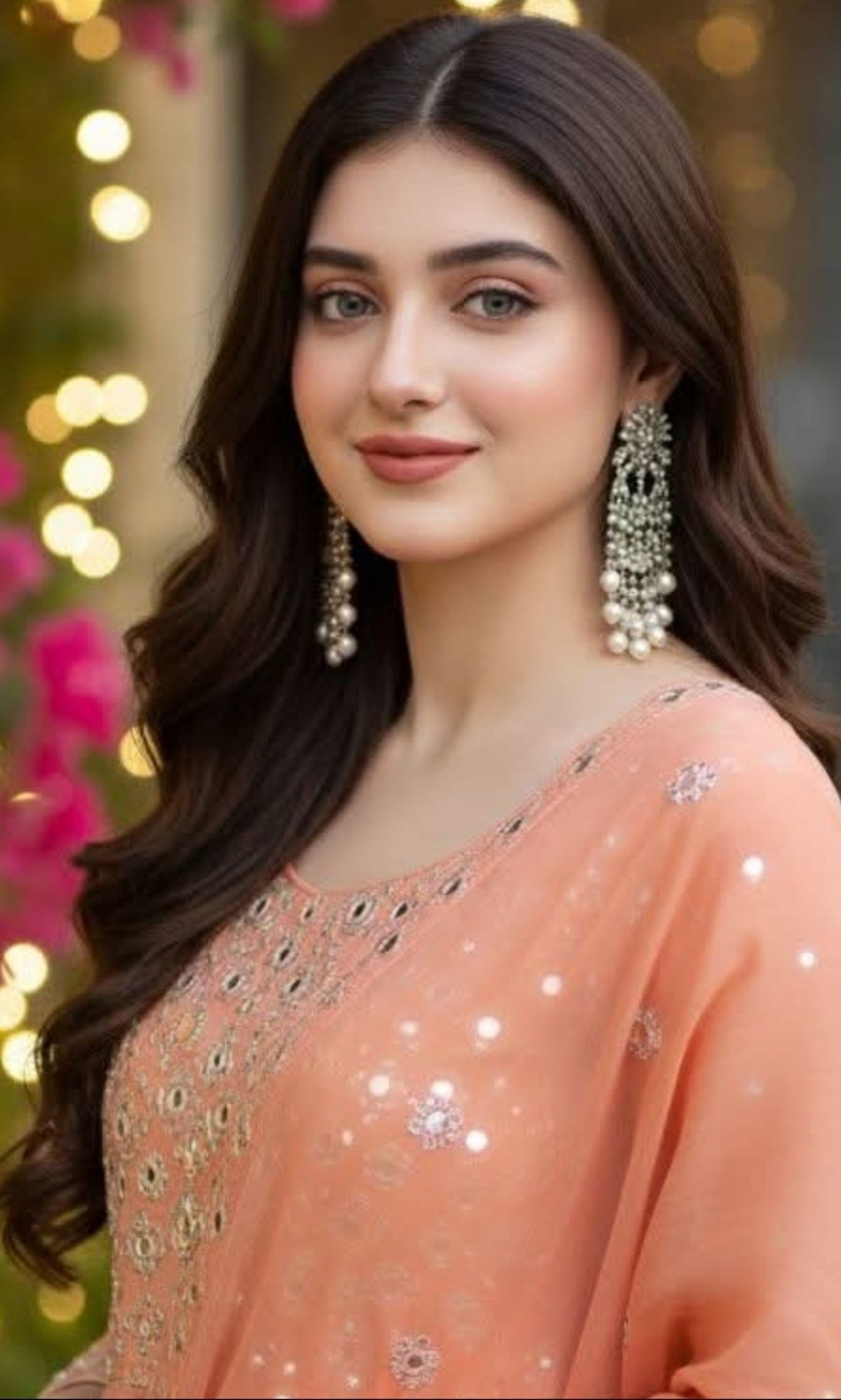 Women designer fashion portrait featuring a model in a peach embroidered ethnic suit with elegant detailing, statement earrings, and soft glamorous makeup, showcasing modern traditional style for festive and party wear.