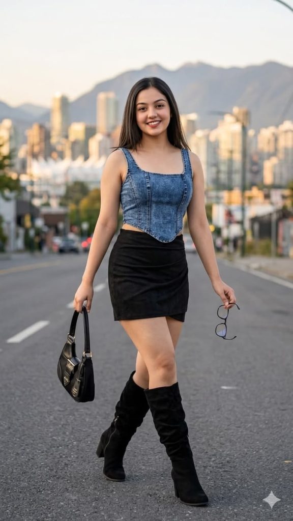 Women fashion model wearing a black crop top and blue denim jeans, posing confidently with a stylish casual look.