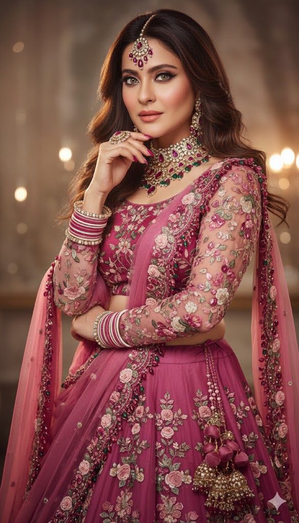 "Elegant formal wear for women with Maheshwaries in a pink floral embroidered lehenga with matching dupatta"