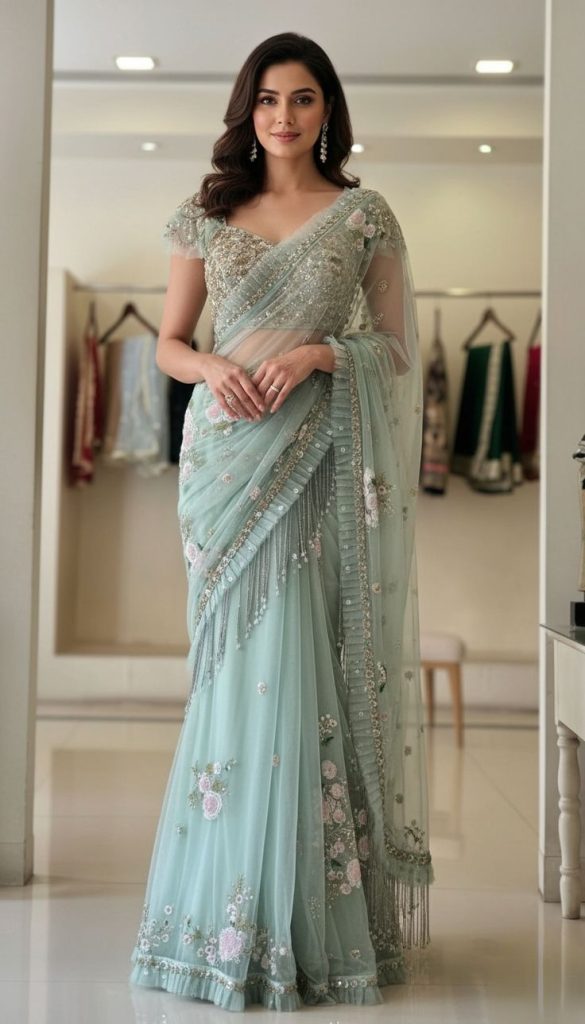 Women fashion pastel blue designer saree with floral embroidery and elegant ethnic wear styling