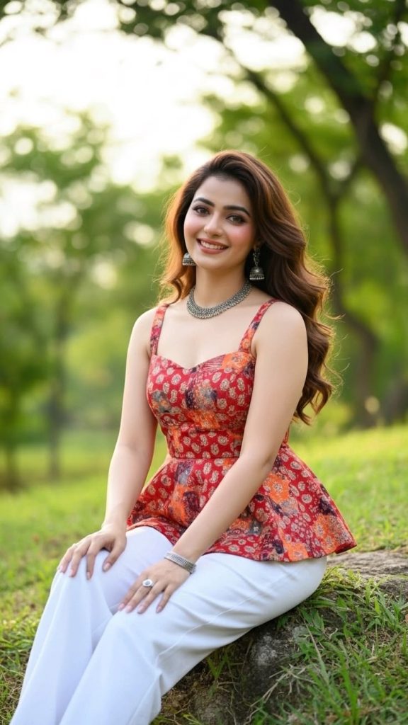 Women fashion model wearing a floral sleeveless top and white pants, sitting outdoors in a green park with a stylish and elegant look.