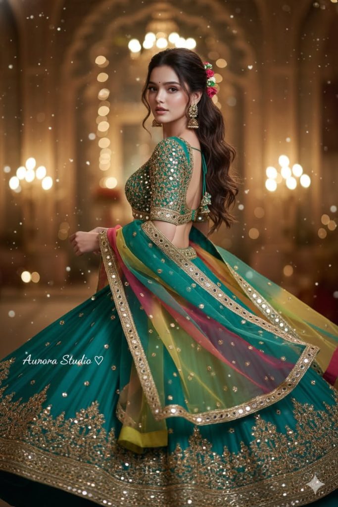 "Elegant peacock green embroidered lehenga with intricate gold detailing and multicolored dupatta, showcasing luxurious formal wear for women with Maheshwaries .