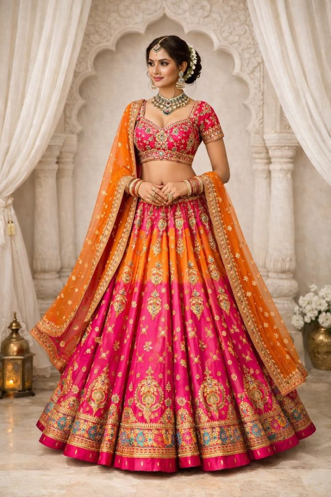 stylish pink lengha shows formal wear for women with Maheshwaries.