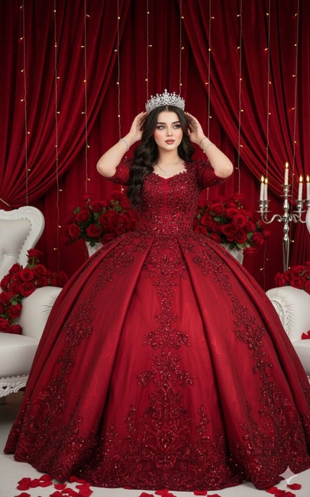 women fashion designer mehroon gown with silver crown enhance the grace of Women
