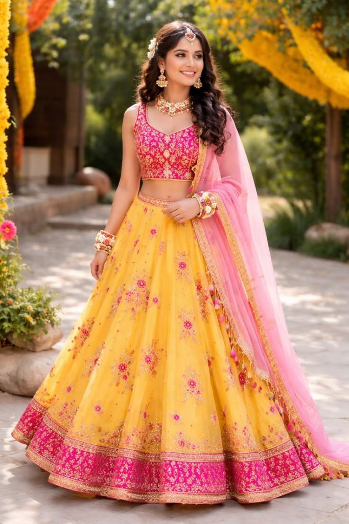 "Elegant yellow bridal lehenga with intricate embroidery and pink dupatta, showcasing stylish formal wear for women fwith Maheshwaries & it is vey special for weddings and festive occasions."